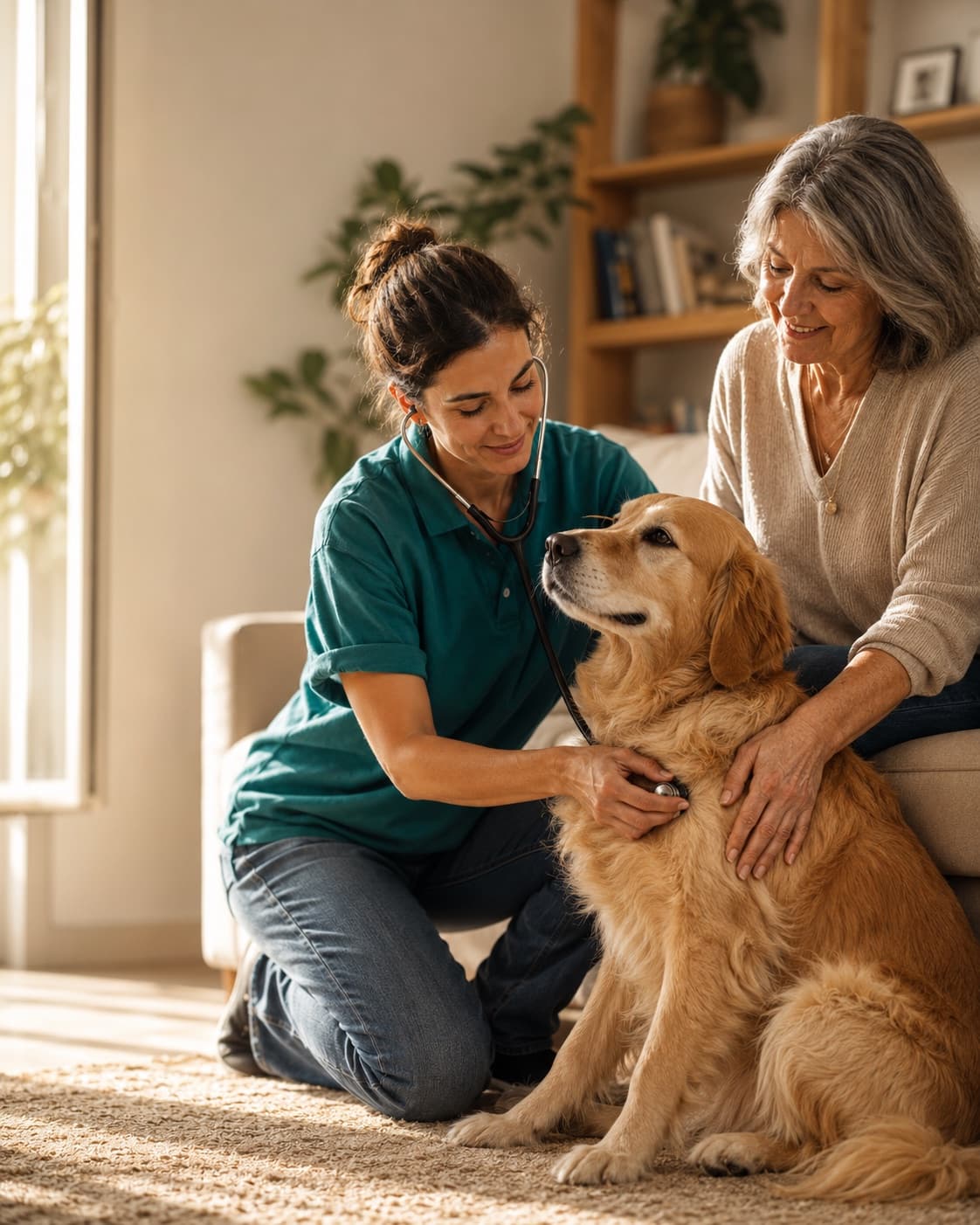 Veterinaria visita un cane con lo stetoscopio a domicilio, accanto alla proprietaria